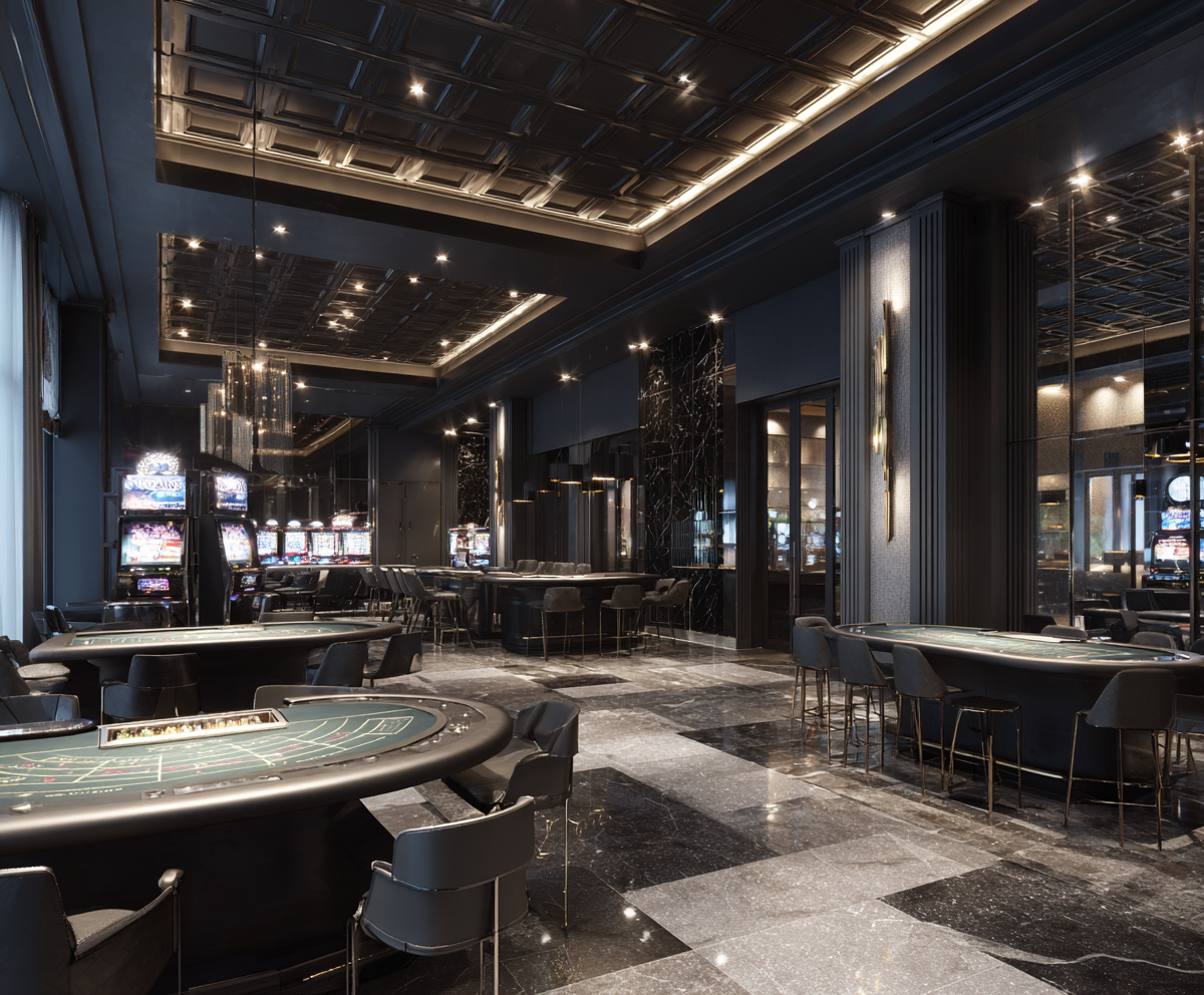 Eleganckie stoły do ruletki i pokerowe w kasynie